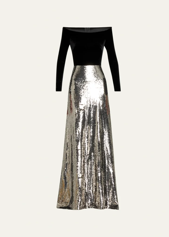Off-The-Shoulder Velvet Long-Sleeve Sequined Gown