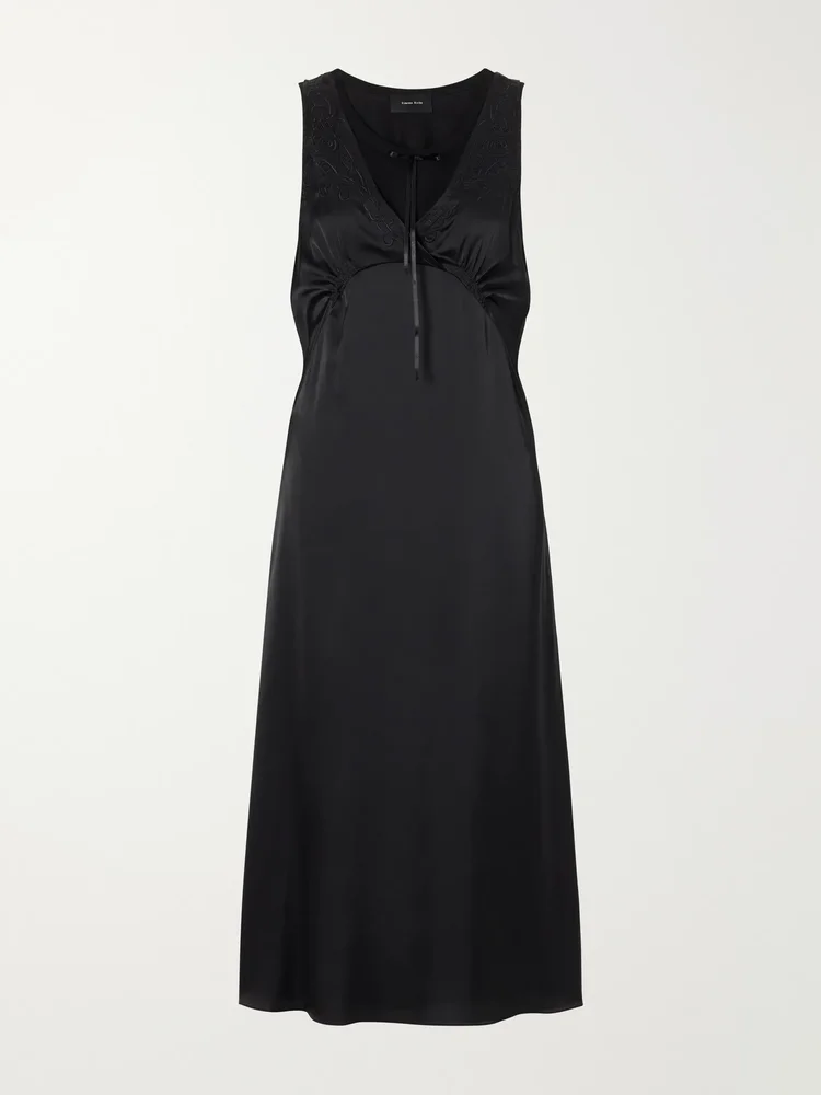 Bow-detailed embroidered satin midi dress