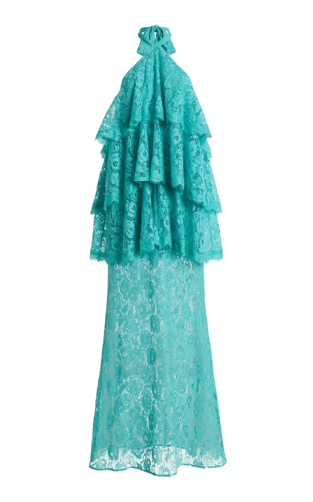 Exclusive Gaia Tiered Lace Maxi Halter Dress