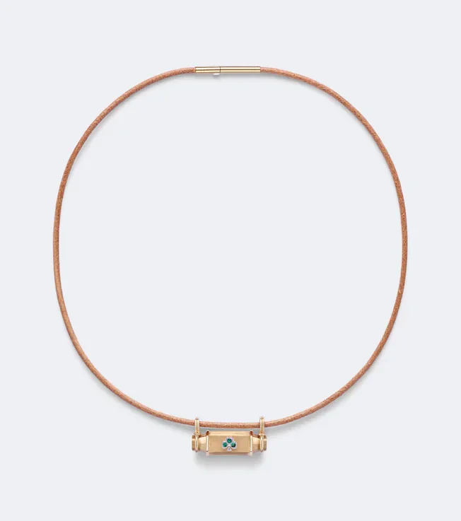 Clover Smash 18kt gold and leather locket necklace with emeralds