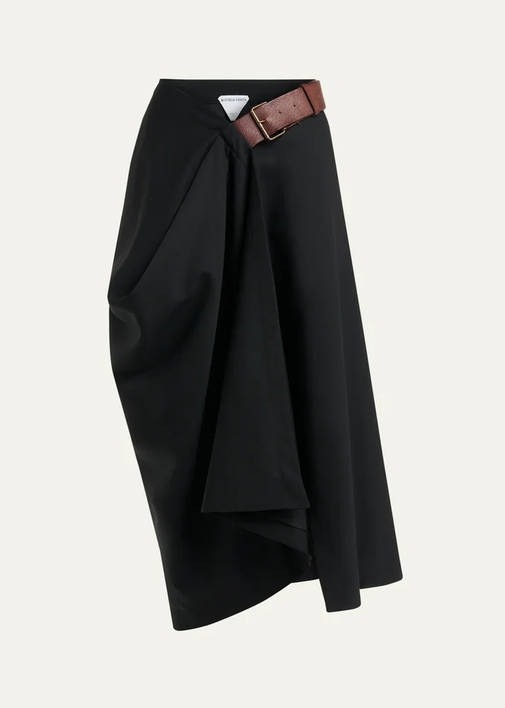 Belted Asymmetric Draped Wool Midi Wrap Skirt
