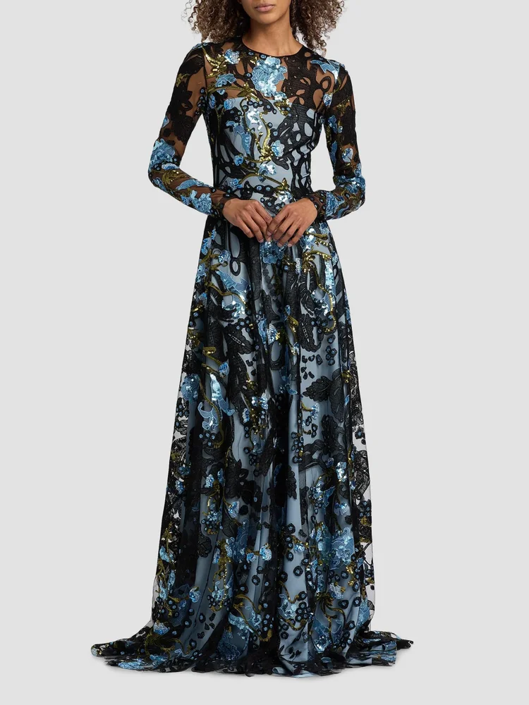 Sequined Floral Lace Long-Sleeve Gown