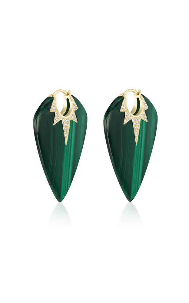 Grandi Stone Guitar Pick 18K Yellow Gold Diamond Malachite Earrings