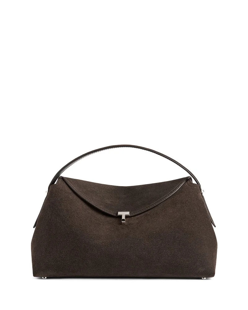 TOTEME T-Lock Grained Leather Convertible Top Handle Bag in Brown Suede