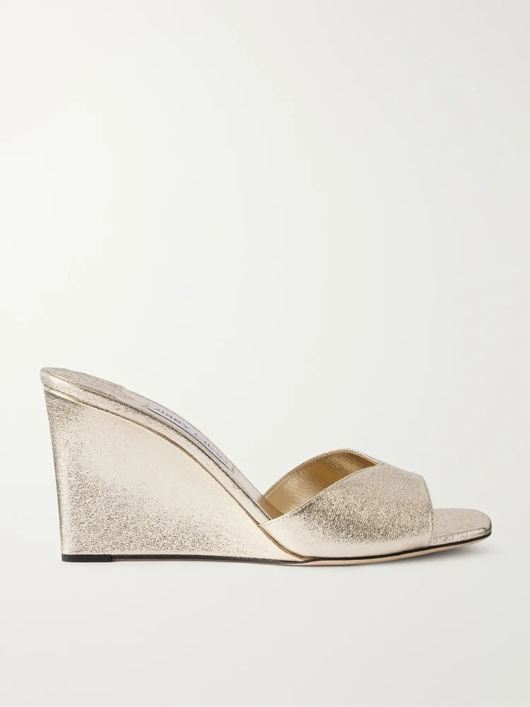 Skye 85 Metallic Crinkled-Satin Wedge Sandals