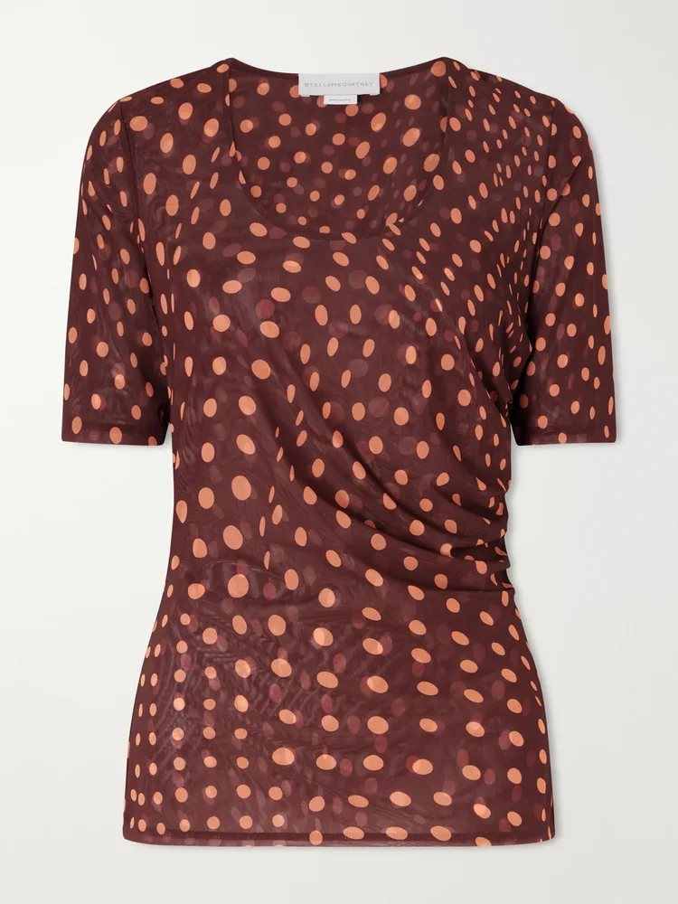 Gathered polka-dot mesh T-shirt