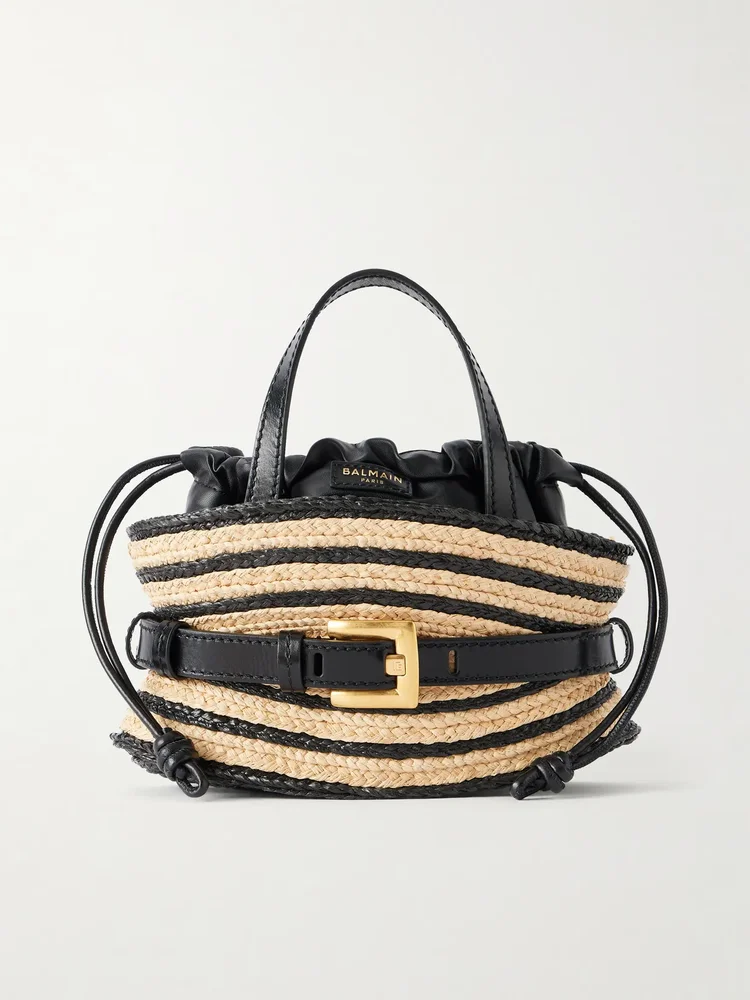 shuffle mini buckled leather trimmed raffia shoulder bag