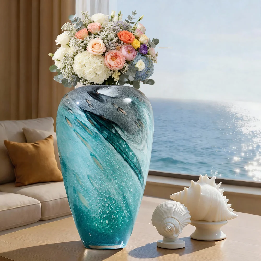 Hand-blown marine ink painting textured colored glass modern table vase glazed glass ink painting textured wid