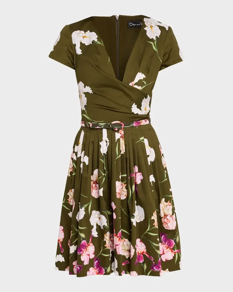 Iris-Print Short-Sleeve Pleated Mini Dress With Belt