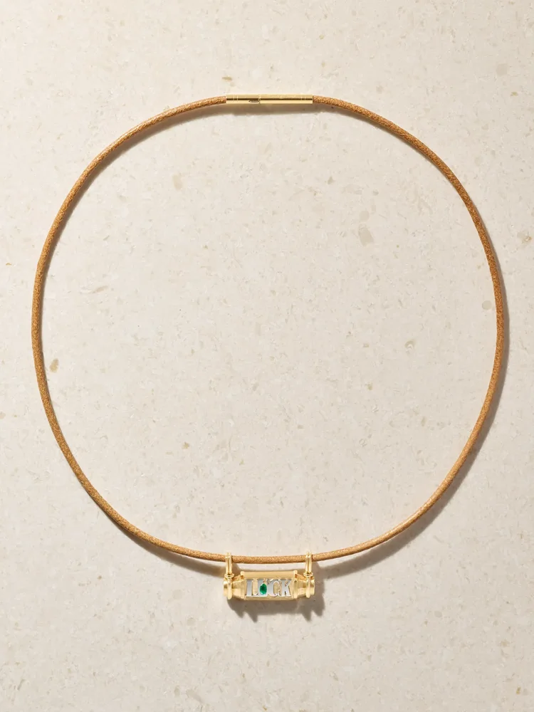 Luck 18-karat yellow and white gold, emerald and leather necklace