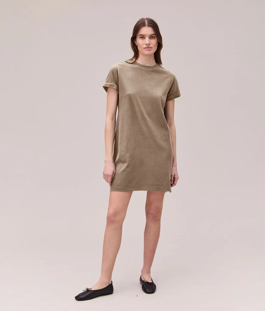 Womens Relaxed Tee Mini Dress - Pigment Dye Jersey - Warm Grey