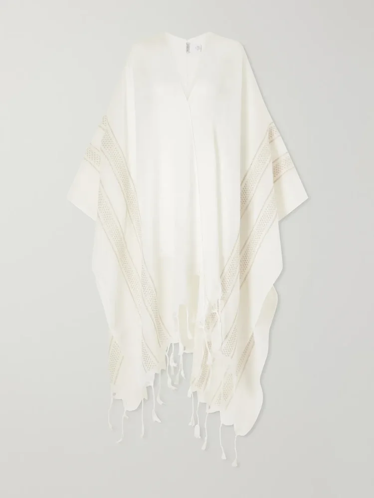 fringed broderie anglaise trimmed linen poncho