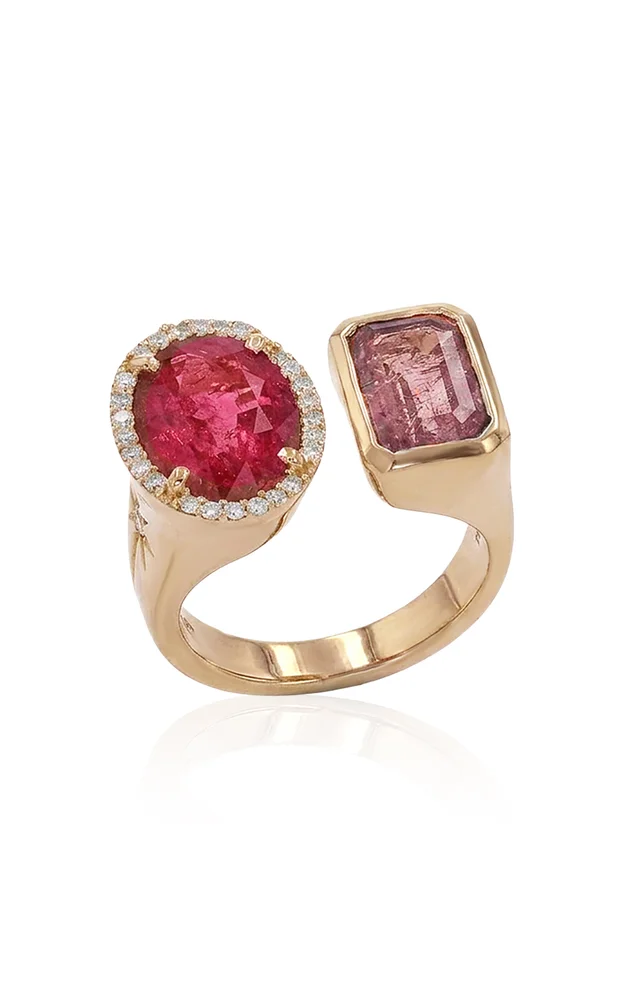 14K Yellow Gold Pink Tourmaline and Diamond Two Stone Ring