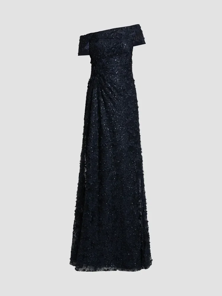 Sequined 3D Lace Off-the-Shoulder Gown