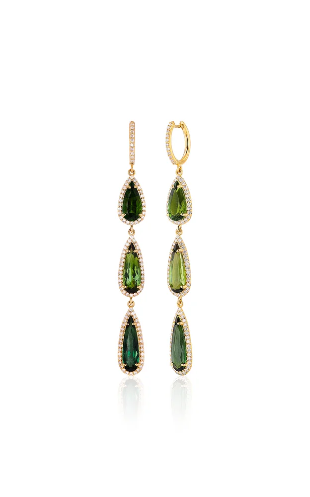 14K Yellow Gold Green Tourmaline Triple Drop Earrings