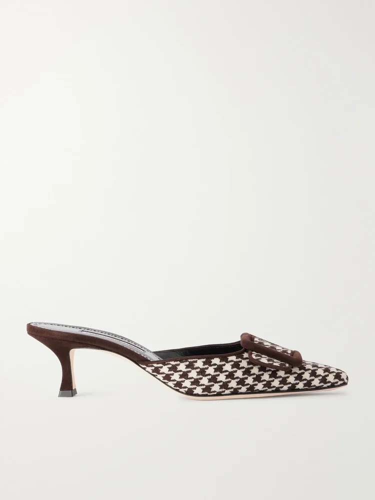 Mayslibi 50 suede-trimmed houndstooth woven mules
