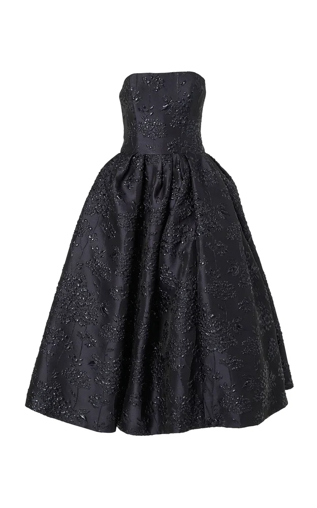 Strapless Floral Bouquet Lurex Midi Dress