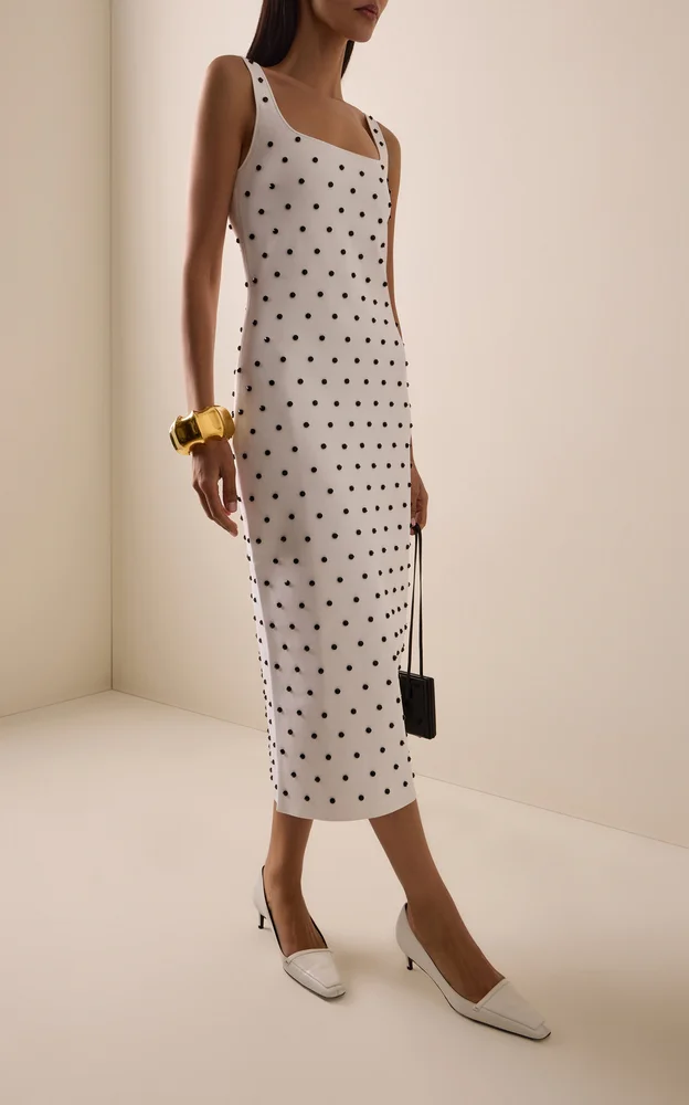 Polka-Dot Beaded Knit Midi Dress