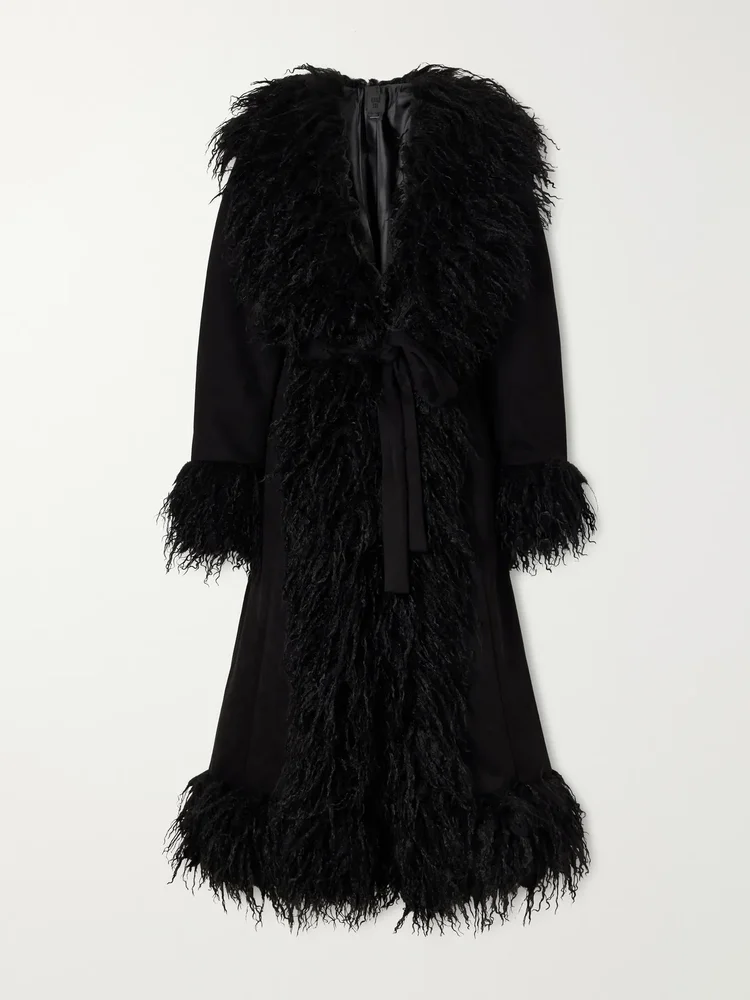 Belted plush-trimmed woven coat