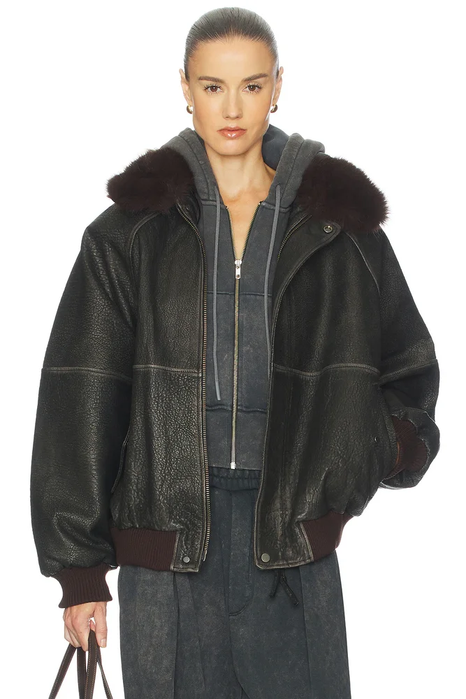 The Oversized Leather Bomber With Faux Fur Collar