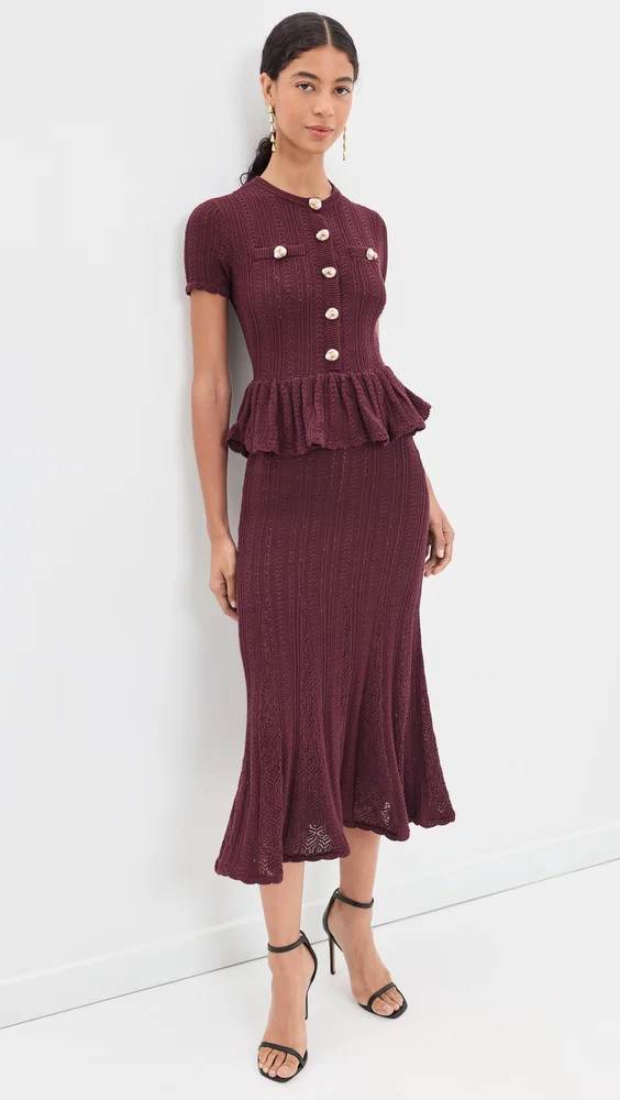 Pointelle Peplum Knit Midi Dress