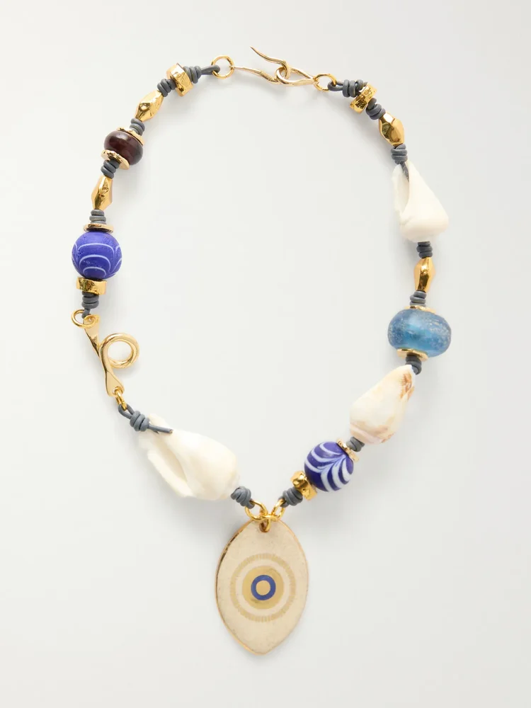 Evil Eye gold-plated, seashell and ceramic necklace