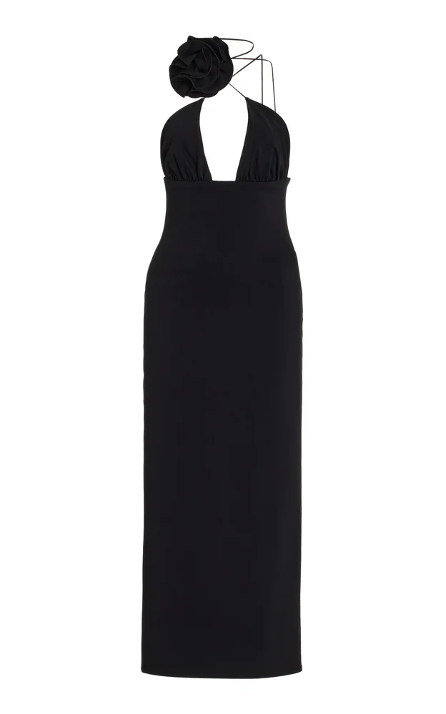Floral-Appliquéd Woven Midi Dress