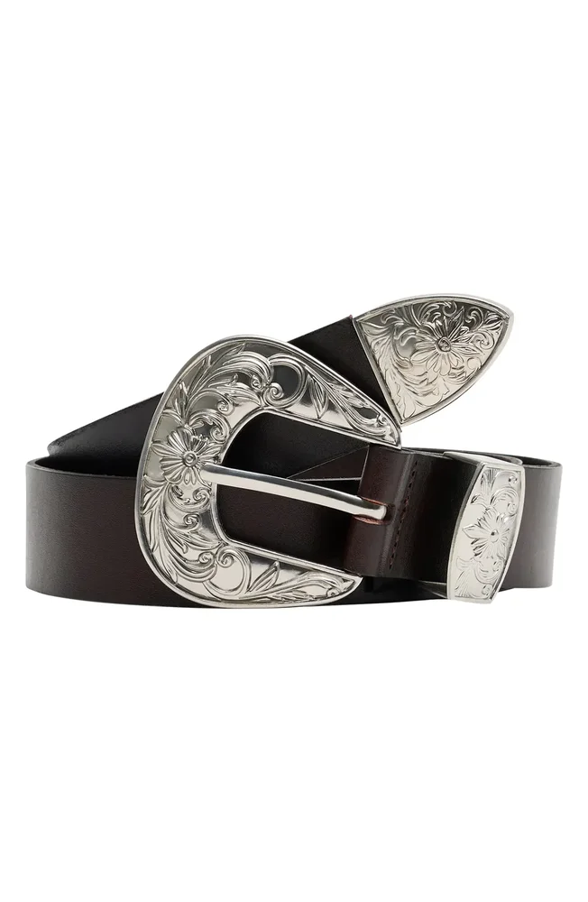 Engraved Buckle Leather Belt