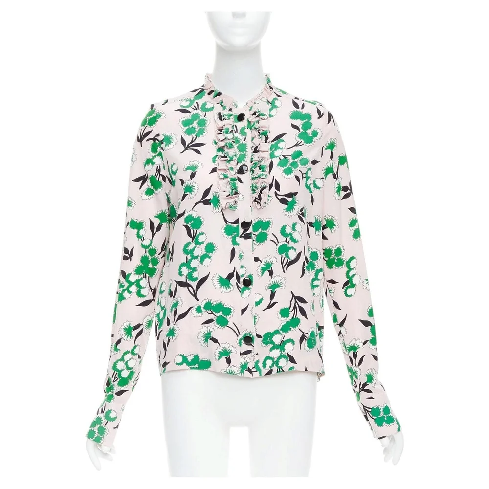 Marni 100% silk pink green floral print ruffle front blouse top IT40 S
