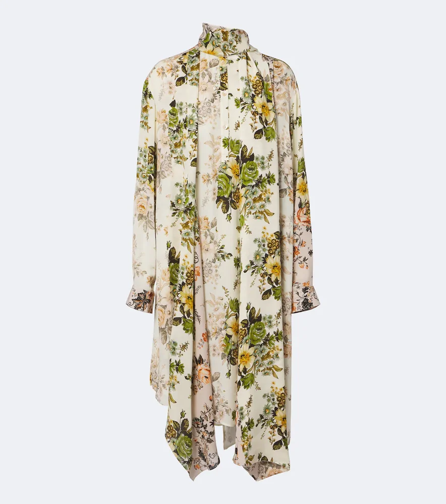 Tie-neck floral silk georgette midi dress