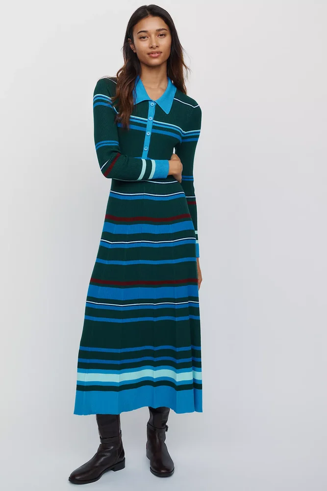 Pleated Long-Sleeve Midi Sweater Dress