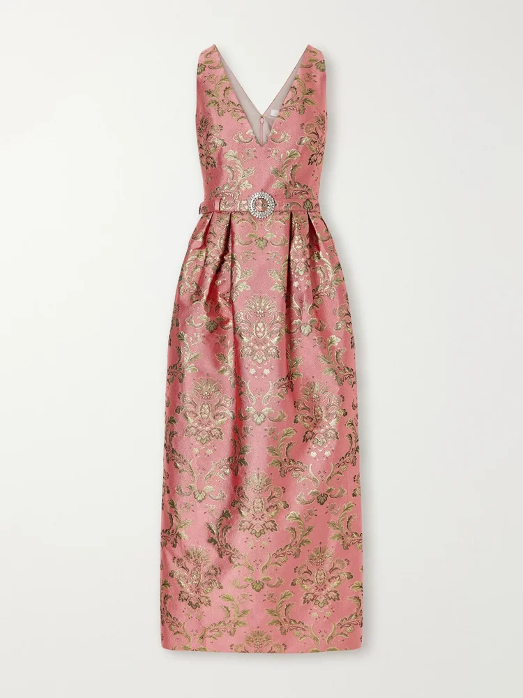 Jules belted crystal-embellished floral-jacquard midi dress