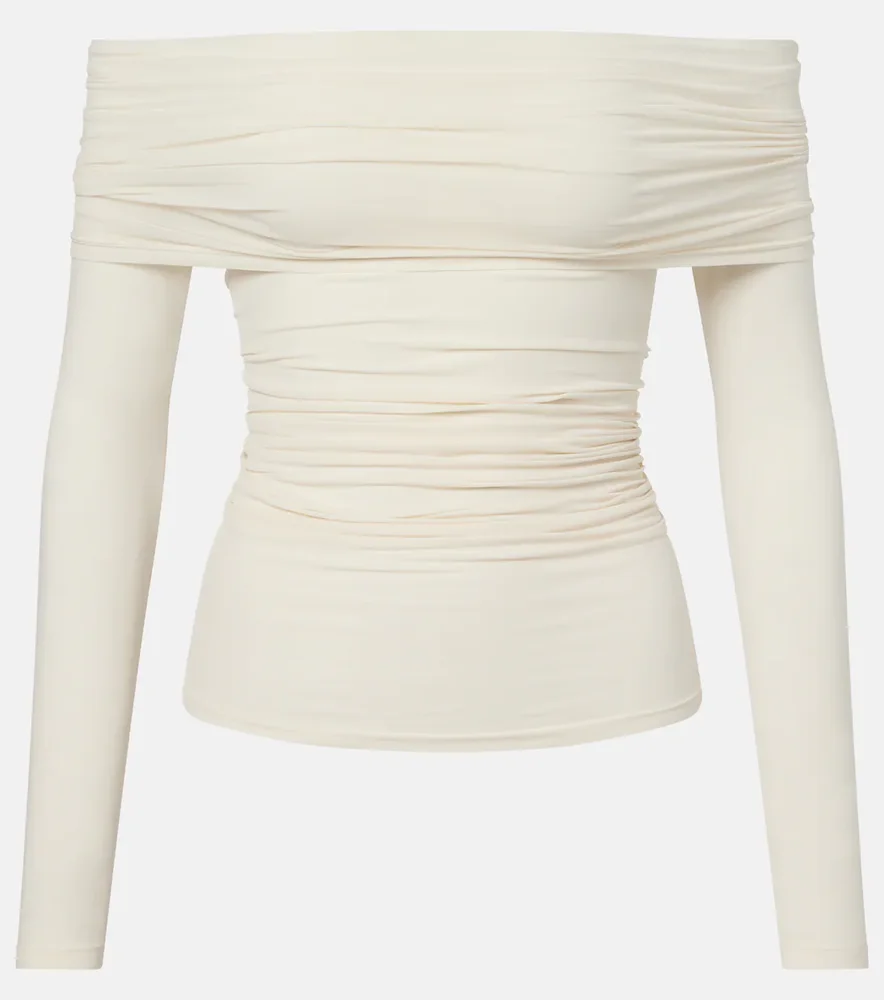 Draped semi-sheer off-shoulder top