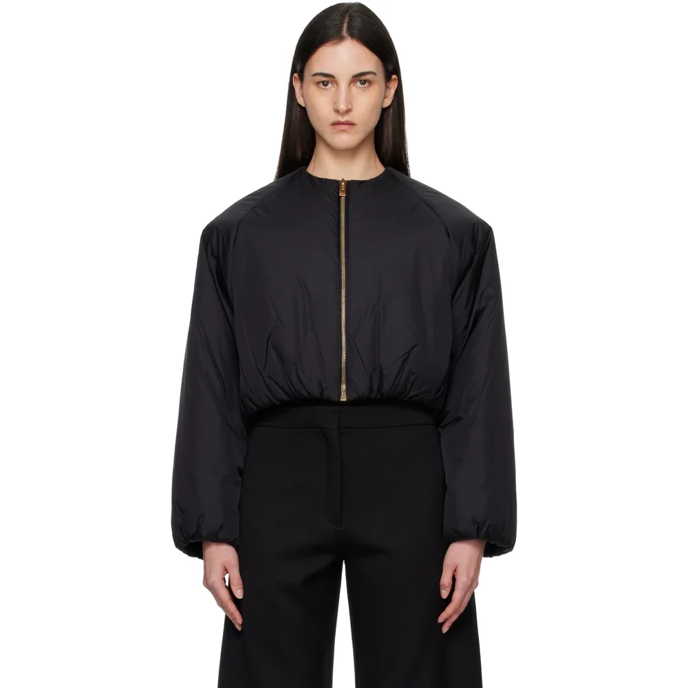 Black Nylon Pleated Bomber Jacket