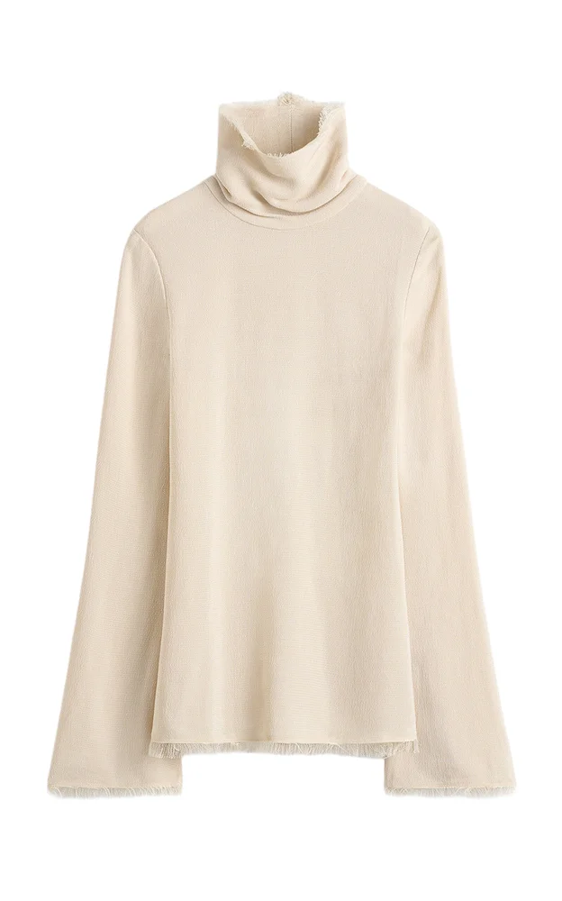 Raw-Hem Crepe Turtleneck Top