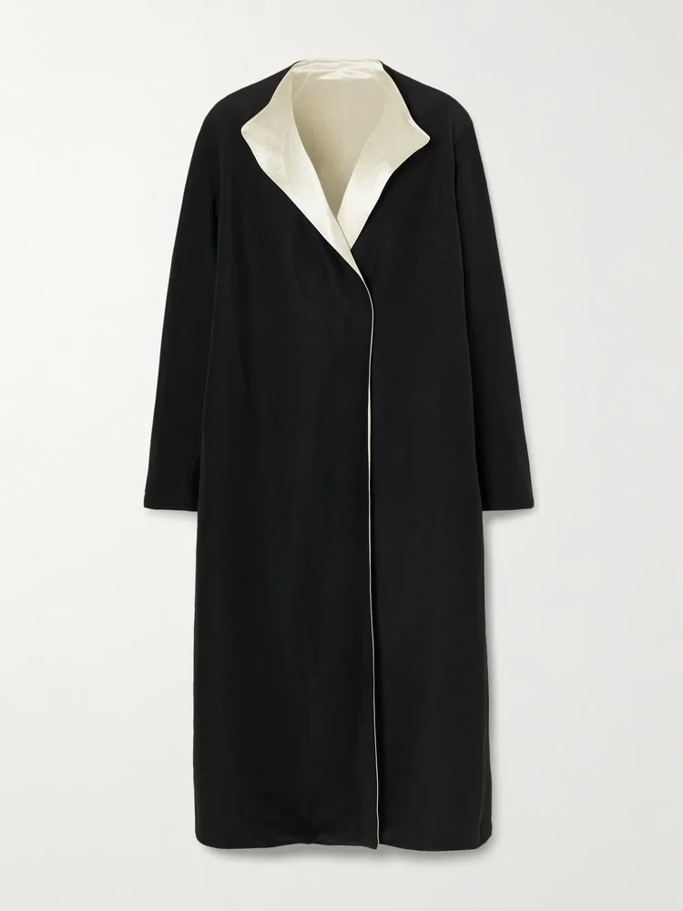 Reversible twill and hammered-satin coat