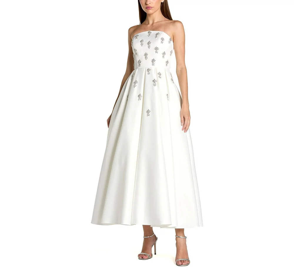 Crystal Embellished Strapless Satin A-Line Dress