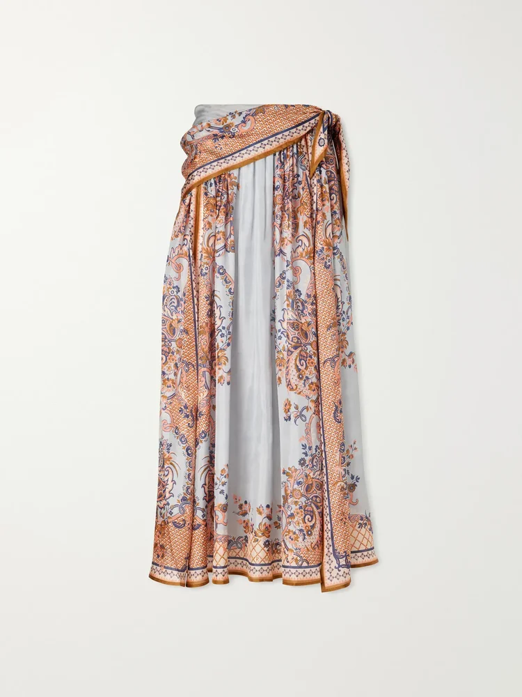 aster tie detailed printed silk midi skirt