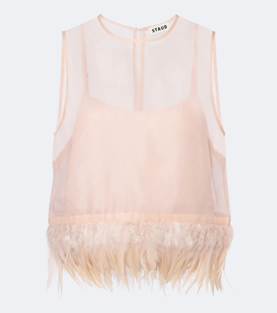 Avi feather-trimmed silk top