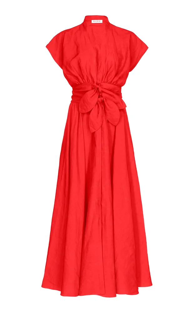 Tie-Detailed Slub Midi Dress
