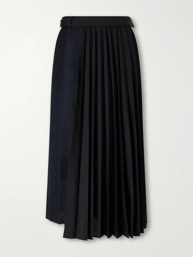 Pleated herringbone wool-blend midi skirt