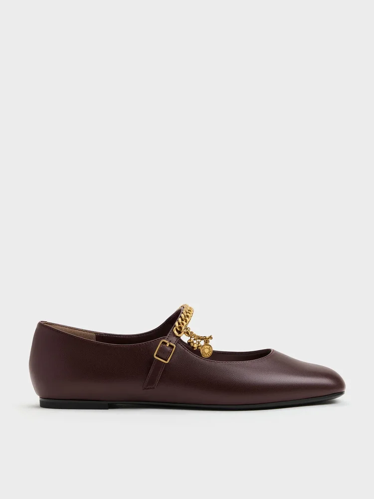 Double-Chain Charm Mary Jane Flats, Burgundy