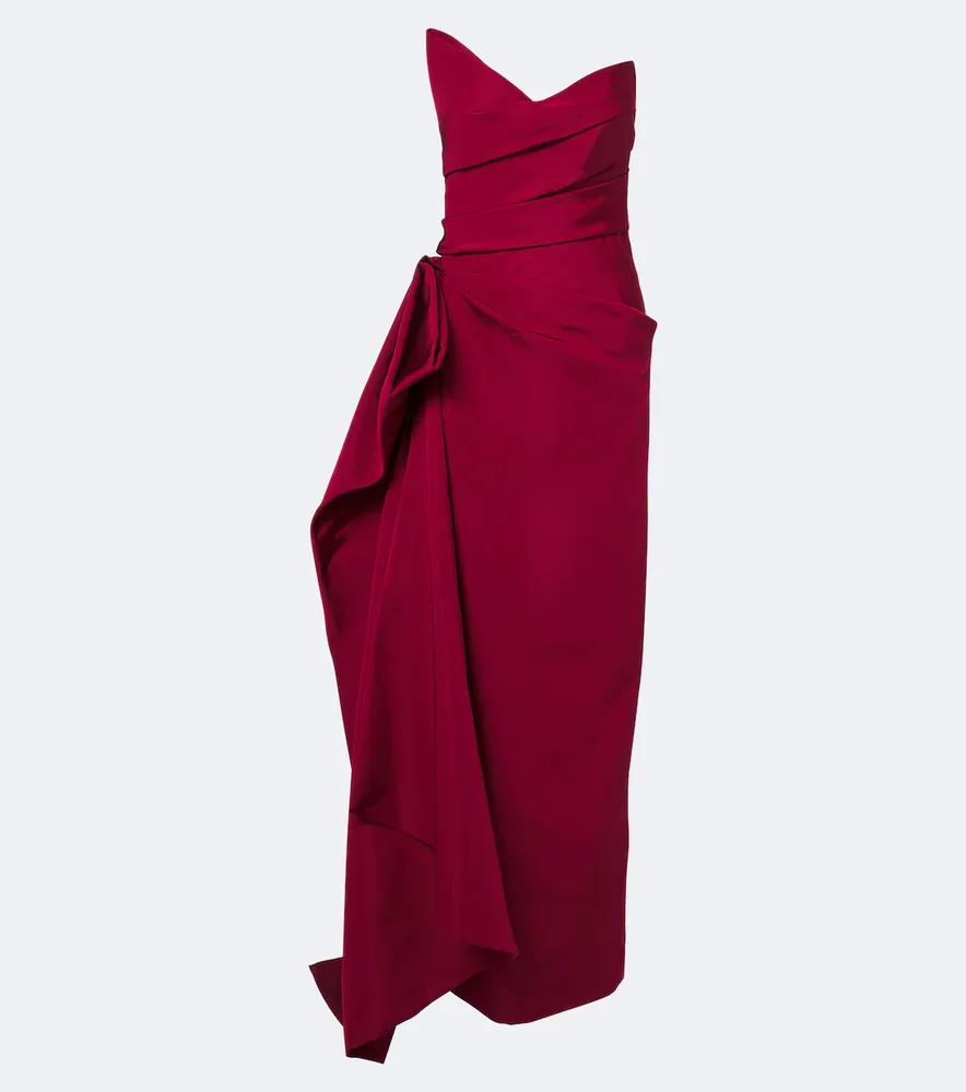 Asymmetric draped silk bustier gown