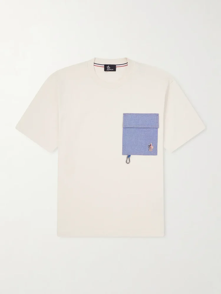 Logo-Appliquéd Chambray-Trimmed Stretch Cotton-Jersey T-Shirt