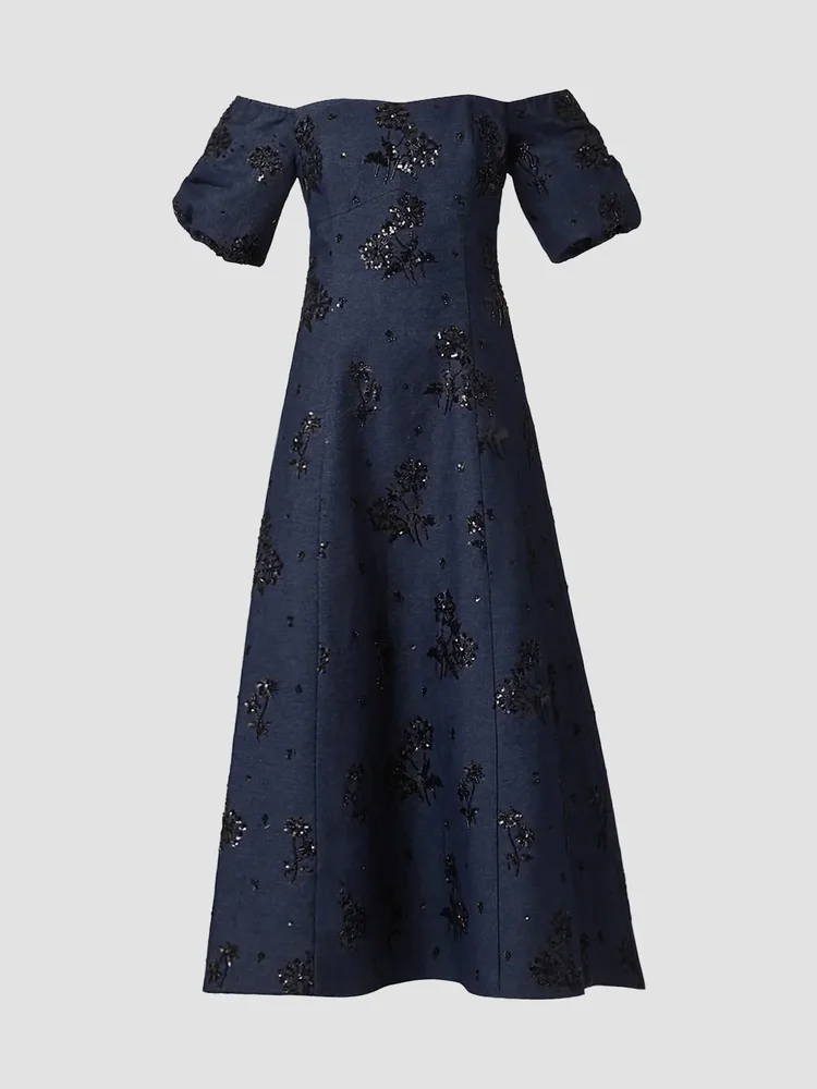 Mona Sequined Denim Off-the-Shoulder Dress