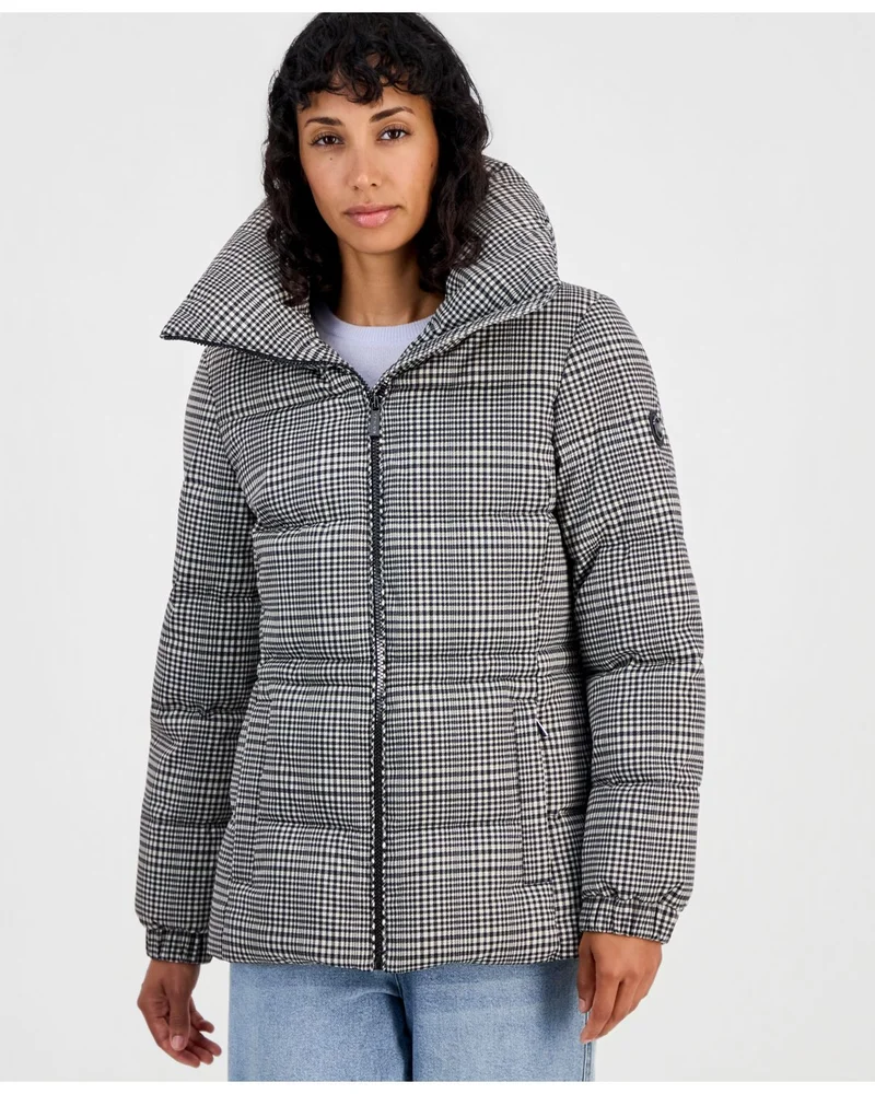 Women's Plaid Puffer Funnel Neck Coat
