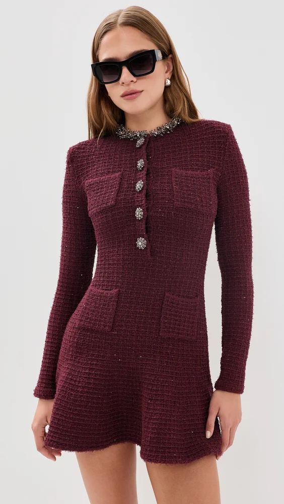 Burgundy Textured Knit Embellished Mini