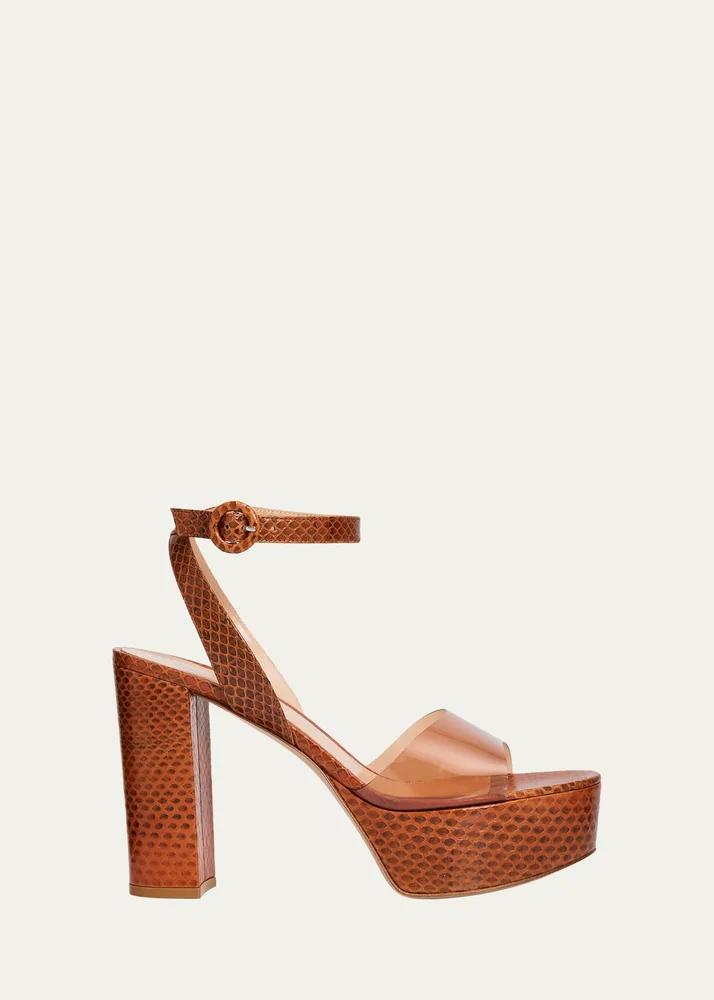 70mm Plexi Snake-Embossed Leather Platform Sandals