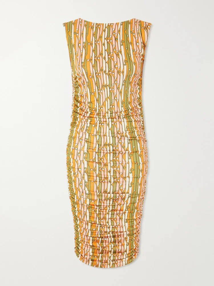 Printed ruched mesh mini dress