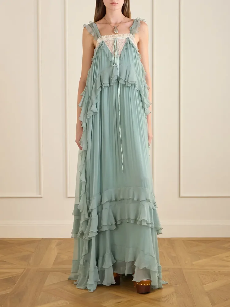 Ruffled lace-trimmed silk-crepon gown